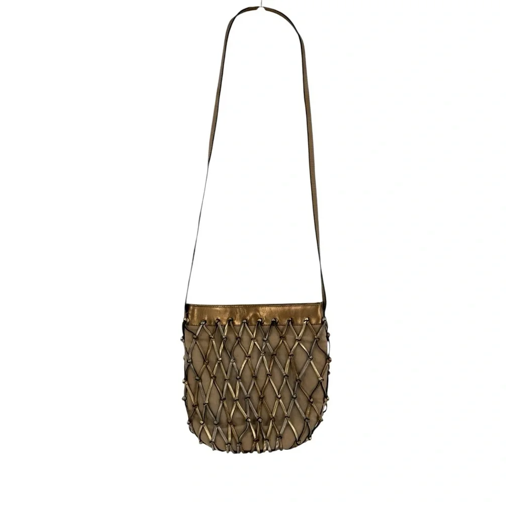 Maripe Genuine Leather Woven Lattice Shoulder Bag Metallic Gold Silver Copper